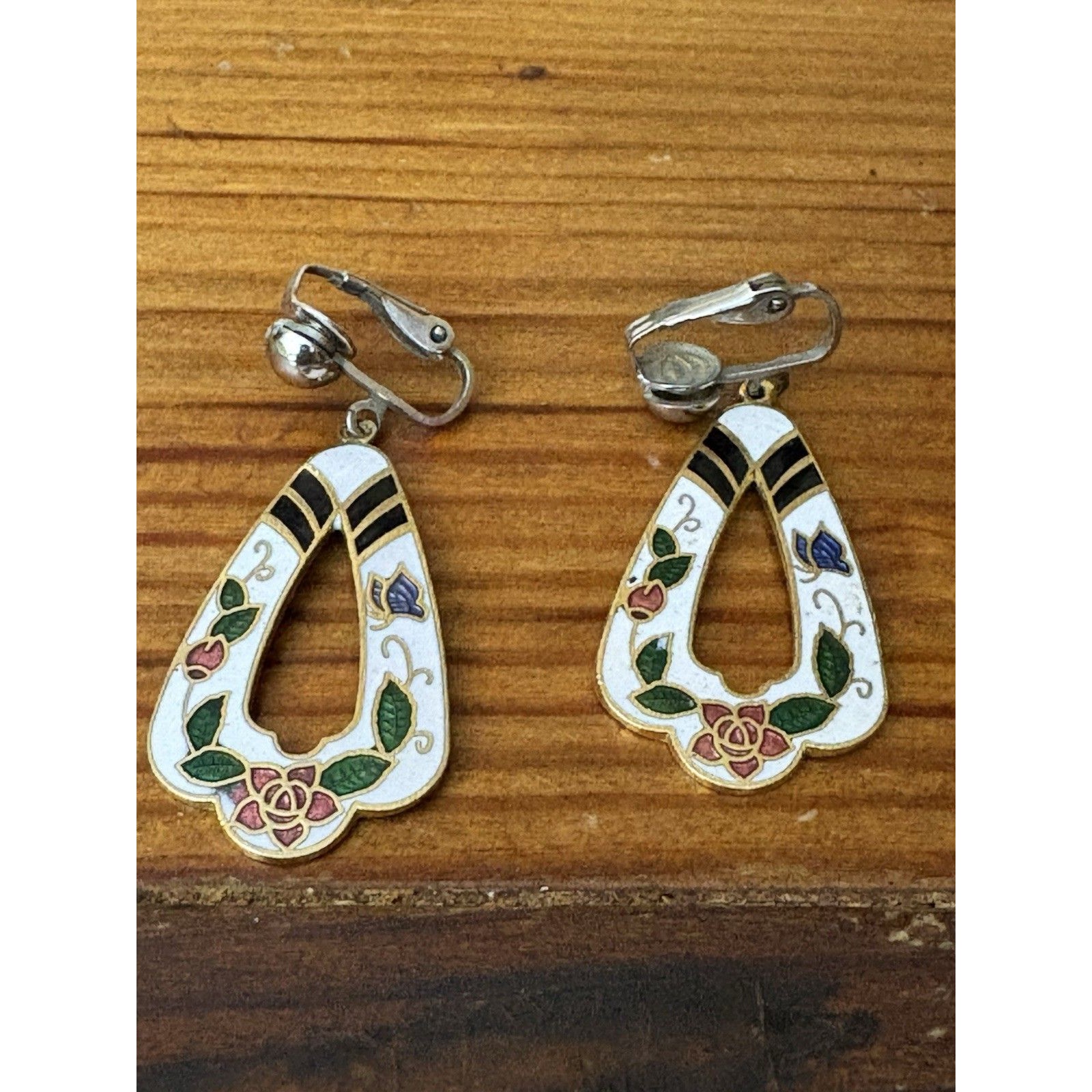 Vintage Cloissonne Dangle Drop Earrings White Floral 20$
